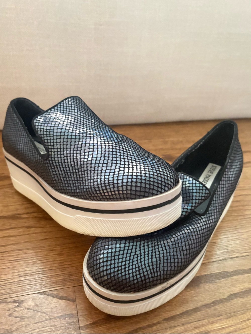 Steve Madden Slip-On Platform Mules in Iridescent Black Snake-Print